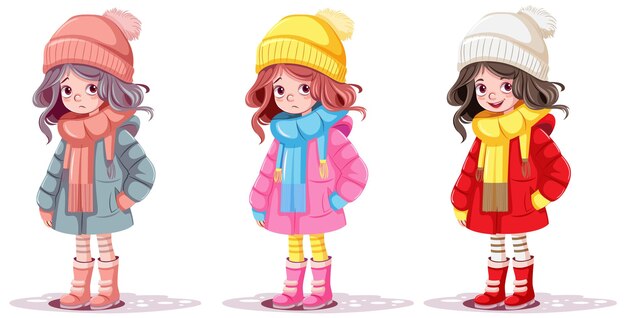 Conjunto de personaje de dibujos animados de linda chica en tela de invierno