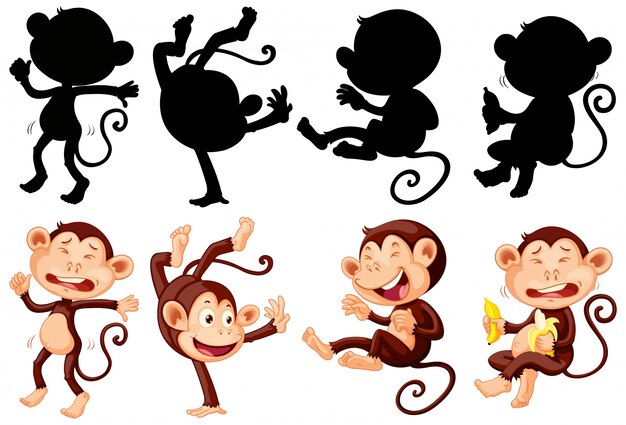 Conjunto de personaje de dibujos animados mono y silueta