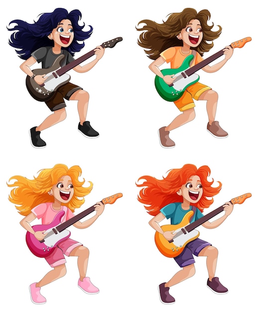 Conjunto de personaje de dibujos animados de músico bajo de rock