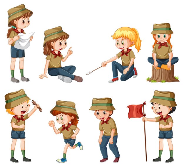 Conjunto de personaje de dibujos animados de niños de camping