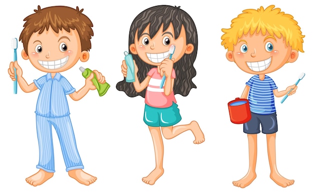Vector gratuito conjunto de personaje de dibujos animados de niños con cuidado dental