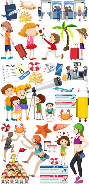 Conjunto de personaje de dibujos animados y objeto para viajar.