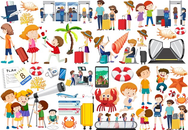 Conjunto de personaje de dibujos animados y objeto para viajar.