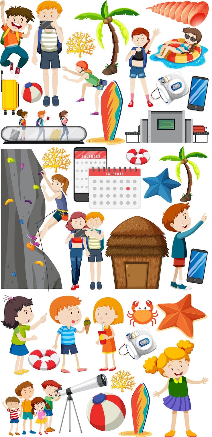 Vector gratuito conjunto de personaje de dibujos animados y objeto para viajar.