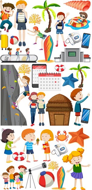 Conjunto de personaje de dibujos animados y objeto para viajar.