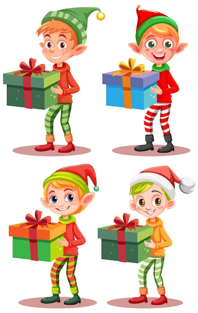 Vector gratuito conjunto de personaje de dibujos animados con regalo de navidad