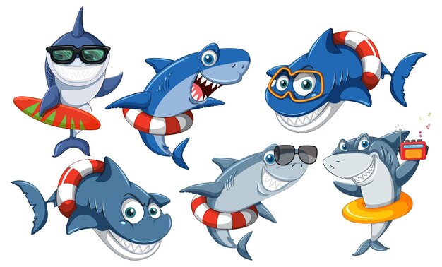 Conjunto de personaje de dibujos animados de tiburón de verano
