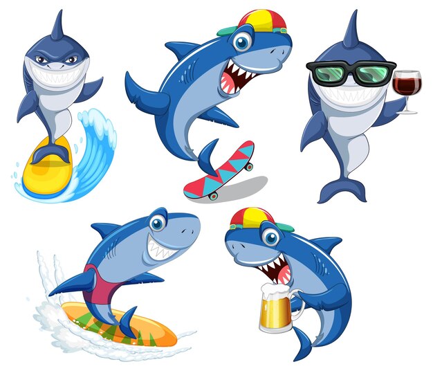 Conjunto de personaje de dibujos animados de tiburón de verano