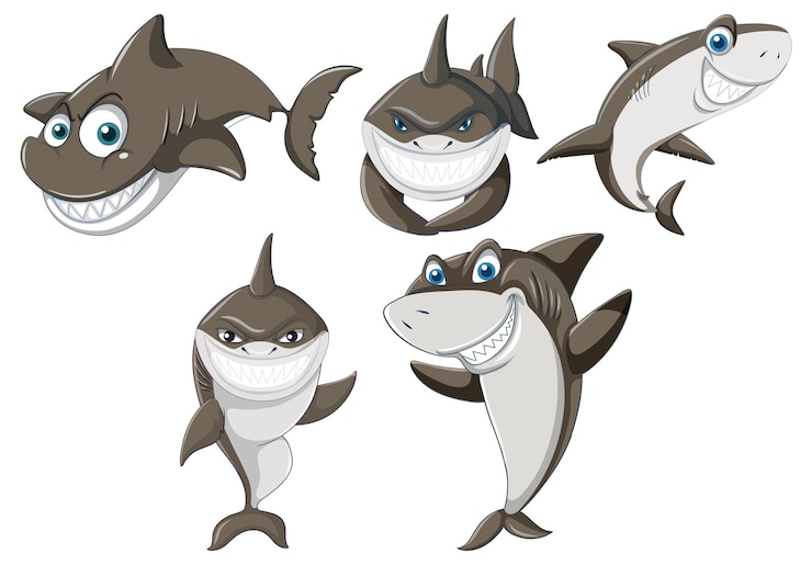 Vector gratuito conjunto de personaje de dibujos animados de tiburón