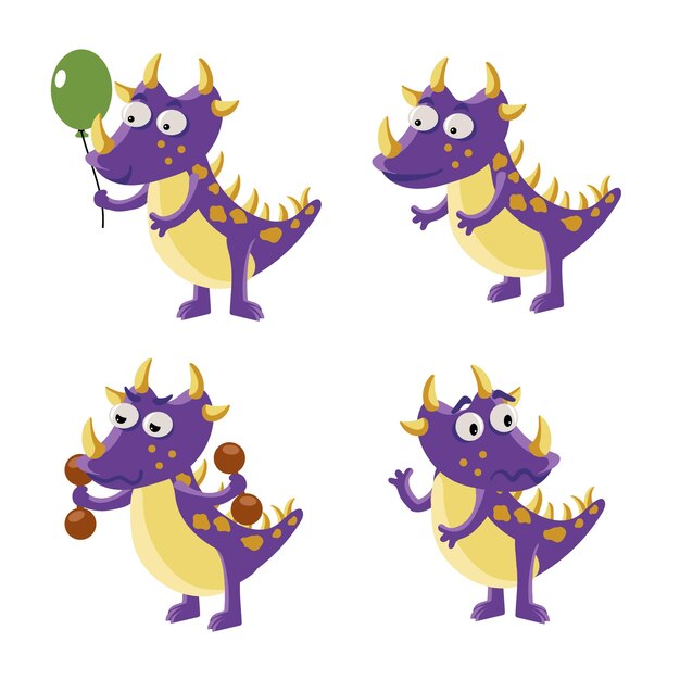 Conjunto de personaje de dinosaurio bebé de dibujos animados lindo levantando pesas con globo de aire