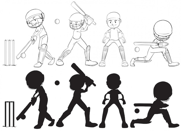 Vector gratuito conjunto de personaje de jugador de cricket.