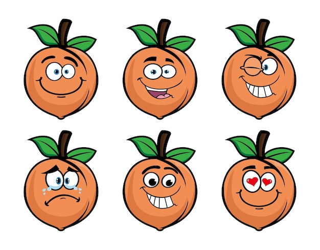 Conjunto de personaje de mascota de dibujos animados de fruta de melocotón sonriente de colección