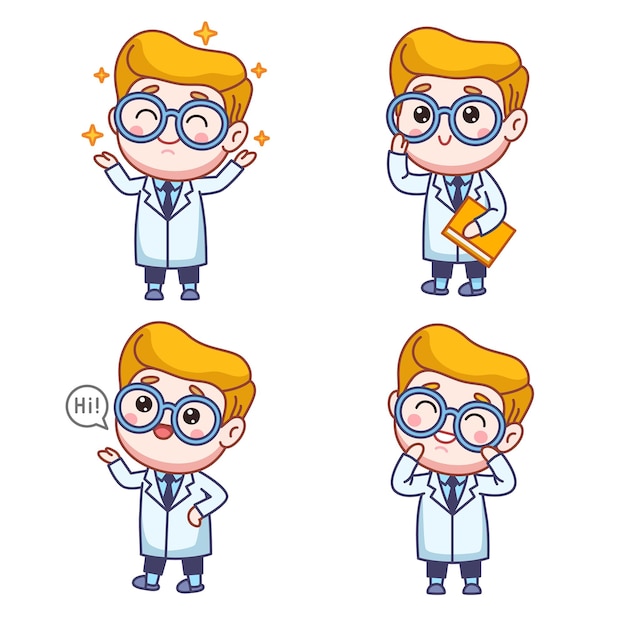 Conjunto de personaje médico de dibujos animados con anteojos, sosteniendo un libro, saludando y sonriendo