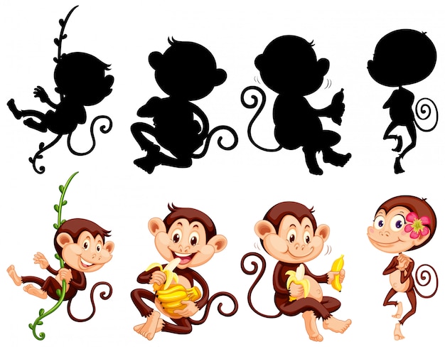 Vector gratuito conjunto de personaje mono y su silueta