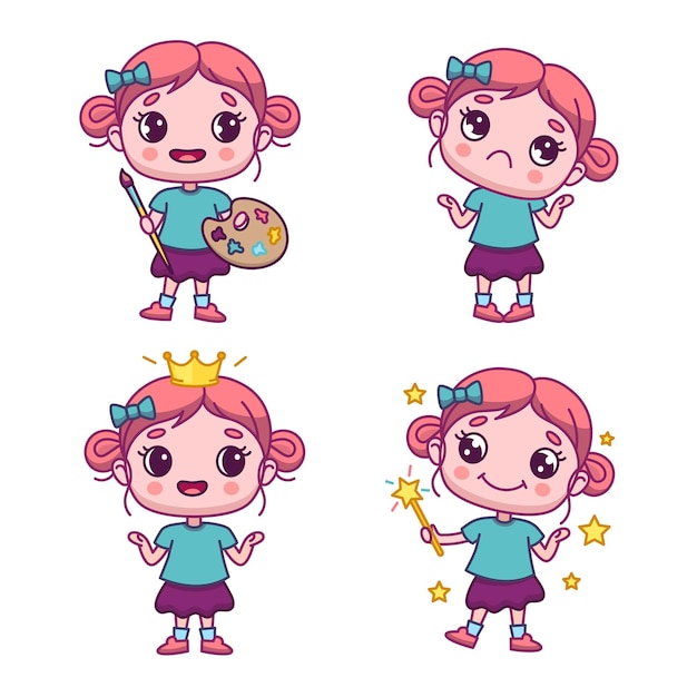 Conjunto de personaje de niña de dibujos animados con pincel, paleta y varita mágica y con corona