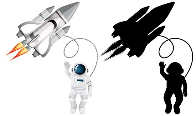 Conjunto de personajes de astronauta y su silueta sobre fondo blanco.