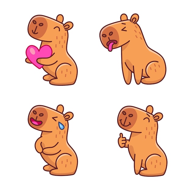 Conjunto de personajes de capibara de dibujos animados que muestran los pulgares hacia arriba, riendo, sosteniendo el corazón, sintiéndose mal