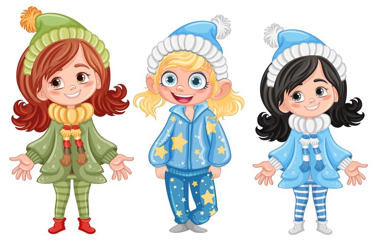 Vector gratuito conjunto de personajes de chicas bonitas en ropa de invierno