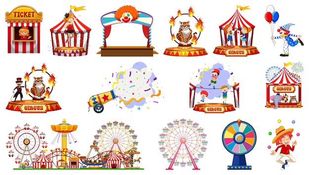 Conjunto de personajes de circo y elementos del parque de atracciones.