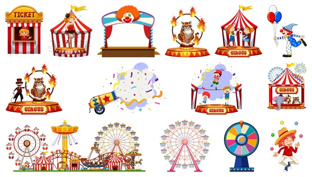 Conjunto de personajes de circo y elementos del parque de atracciones.