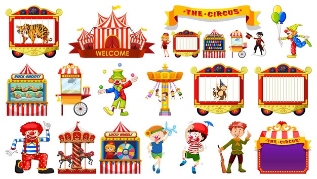 Conjunto de personajes de circo y elementos del parque de atracciones.