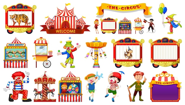 Conjunto de personajes de circo y elementos del parque de atracciones.