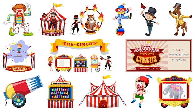 Conjunto de personajes de circo y elementos del parque de atracciones.