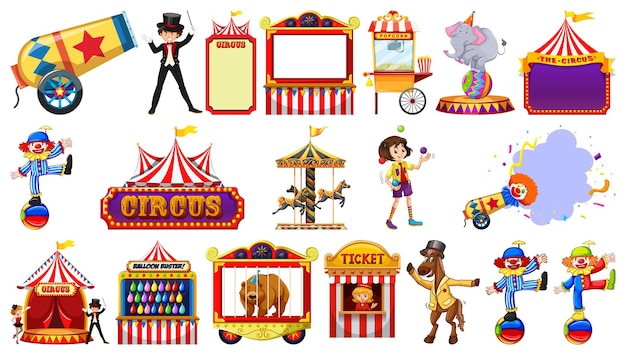 Vector gratuito conjunto de personajes de circo y elementos del parque de atracciones.