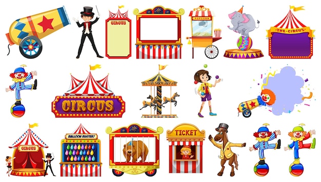 Conjunto de personajes de circo y elementos del parque de atracciones.