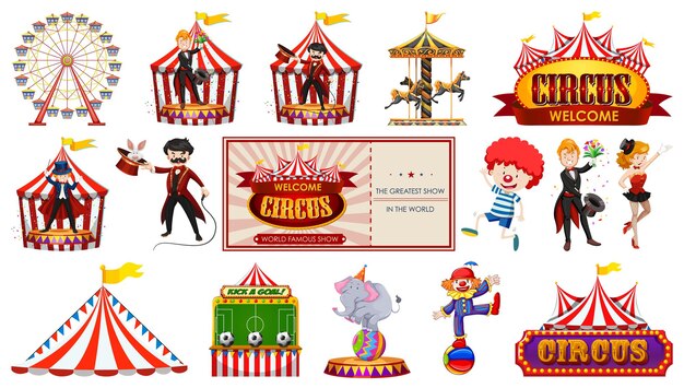 Conjunto de personajes de circo y elementos del parque de atracciones.