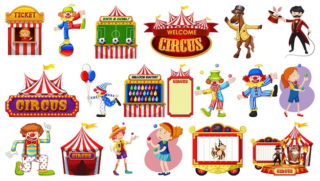 Conjunto de personajes de circo y elementos del parque de atracciones.