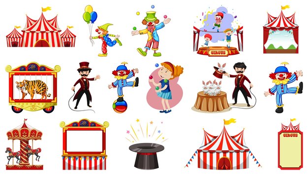 Conjunto de personajes de circo y elementos del parque de atracciones.