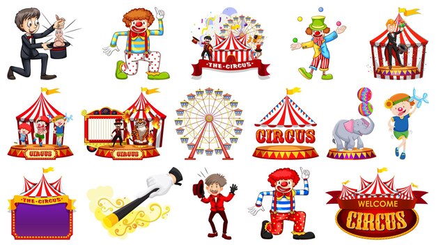 Conjunto de personajes de circo y elementos del parque de atracciones.