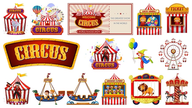 Conjunto de personajes de circo y elementos del parque de atracciones.