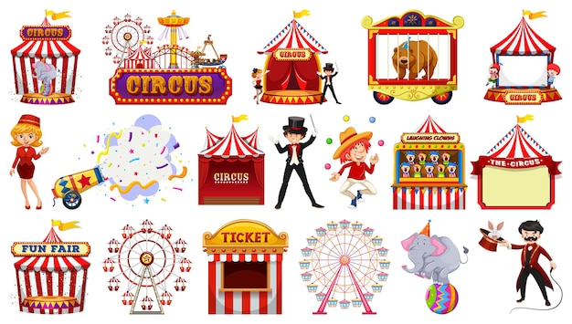 Conjunto de personajes de circo y elementos del parque de atracciones.