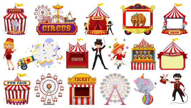 Conjunto de personajes de circo y elementos del parque de atracciones.