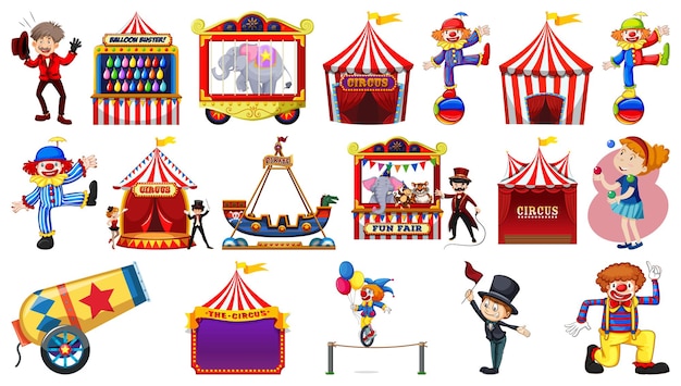 Conjunto de personajes de circo y elementos del parque de atracciones.