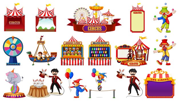 Conjunto de personajes de circo y elementos del parque de atracciones.