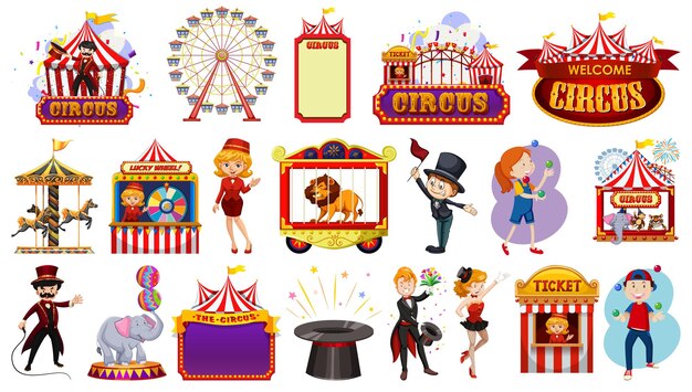 Conjunto de personajes de circo y elementos del parque de atracciones.
