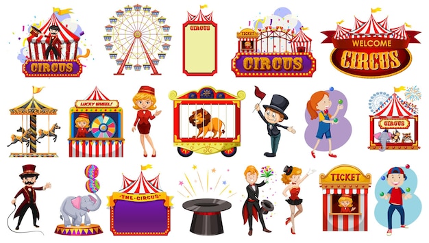 Conjunto de personajes de circo y elementos del parque de atracciones.