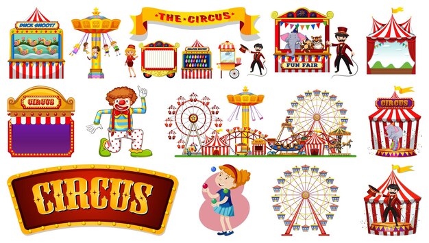 Conjunto de personajes de circo y elementos del parque de atracciones.