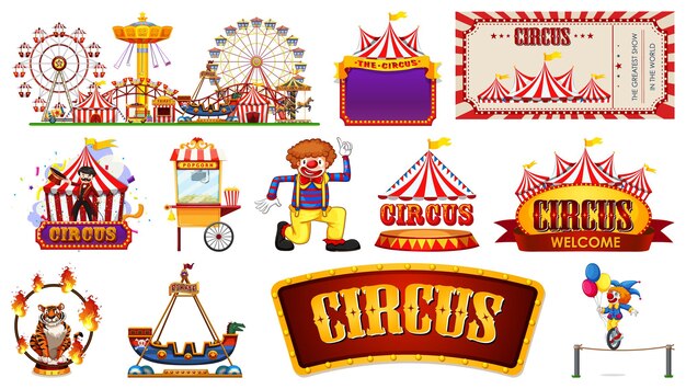 Conjunto de personajes de circo y elementos del parque de atracciones.