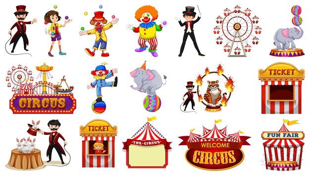 Conjunto de personajes de circo y elementos del parque de atracciones.