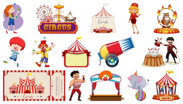Conjunto de personajes de circo y elementos del parque de atracciones.