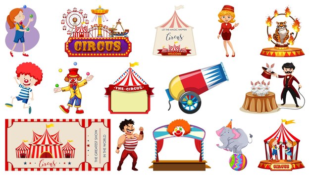 Conjunto de personajes de circo y elementos del parque de atracciones.