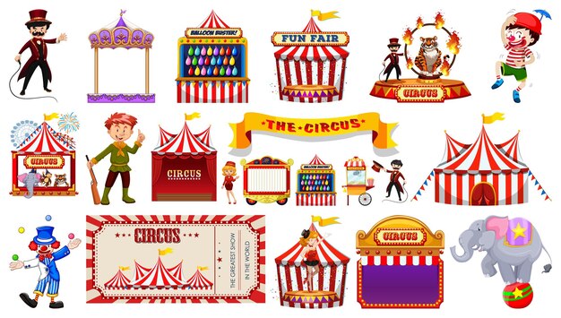 Conjunto de personajes de circo y elementos del parque de atracciones.