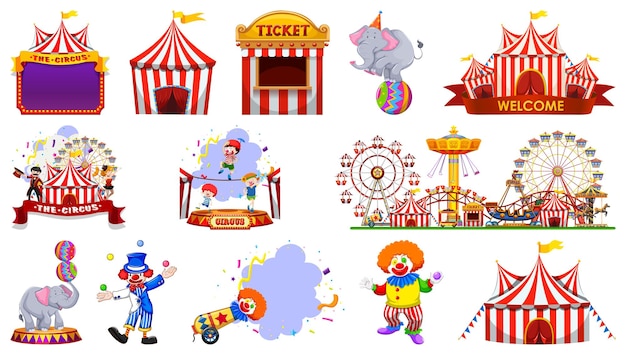 Conjunto de personajes de circo y elementos del parque de atracciones.