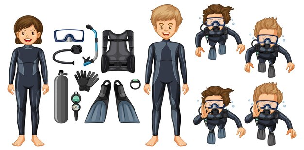 Conjunto de personajes de dibujos animados de buceo y herramientas de buceo