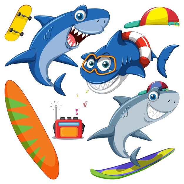 Conjunto de personajes de dibujos animados de criaturas marinas en verano