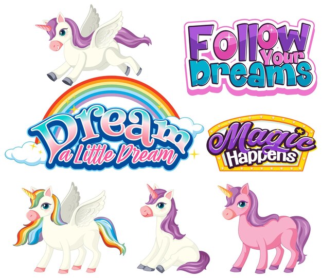 Conjunto de personajes de dibujos animados de cuentos de hadas de unicornio